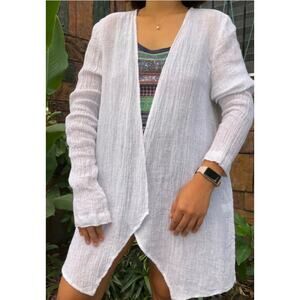 Pure Jill Linen Open Cardigan L White Sheer Crinkle Gauze Summer Boho Beach